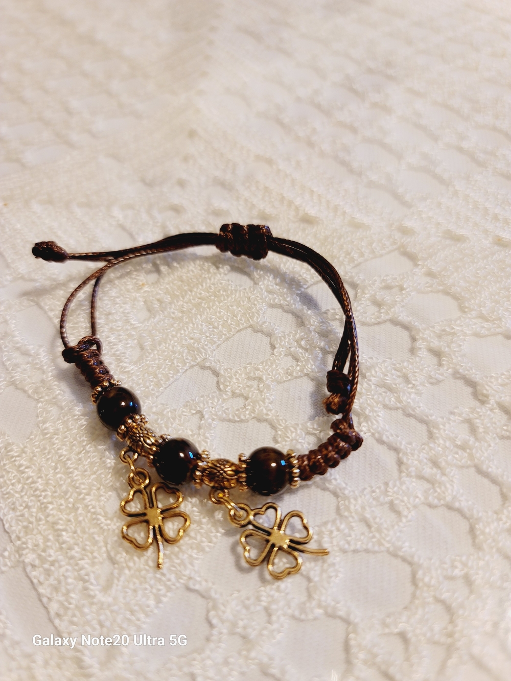 Gold Clover Charm Brown Bead Adjustable Bracelet - Women Jewelry